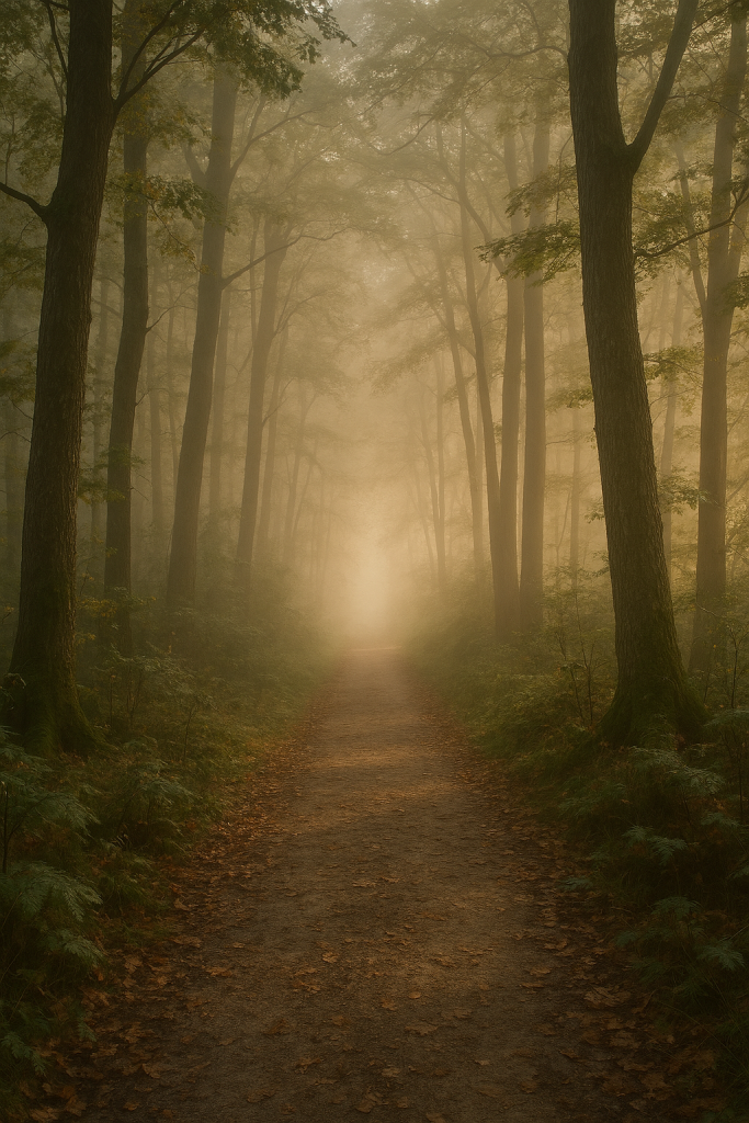 Symbolbild Vertrauen: Waldweg im Nebel als Metapher für Mut